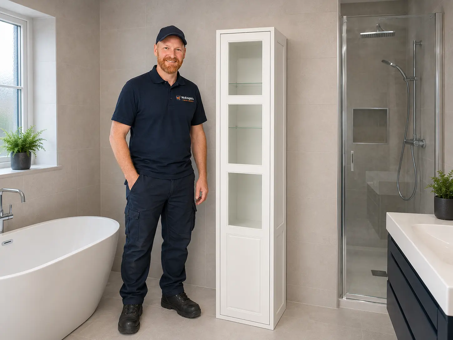 Mark McKnight beside an assembled tall white bathroom storage cabinet