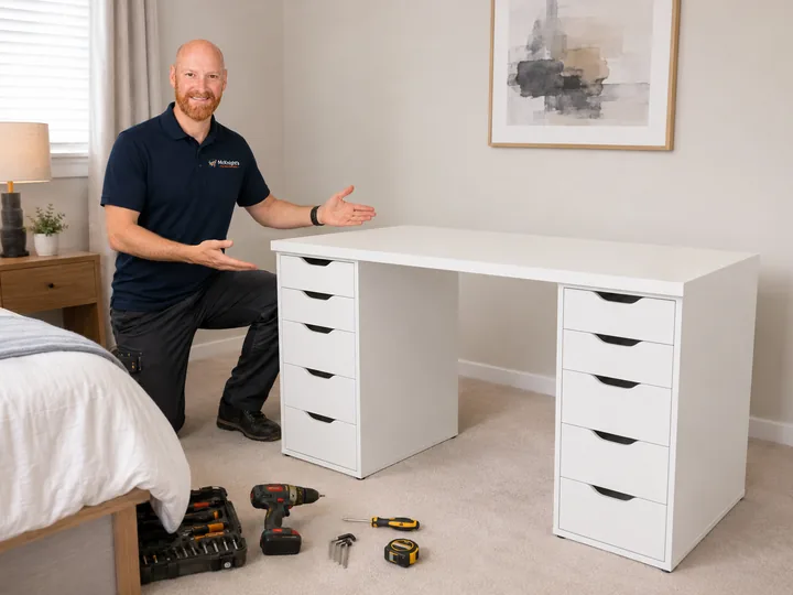 Completed white bedroom desk with twin drawer units assembled by McKnight's Flat Pack Assembly in Ballyclare