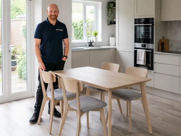 Mark beside an assembled kitchen dining table and chairs in Ballyclare