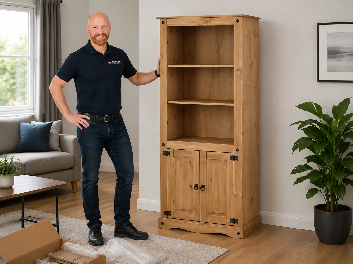 Mark McKnight beside an assembled Dunelm-style wooden display unit in Ballyclare