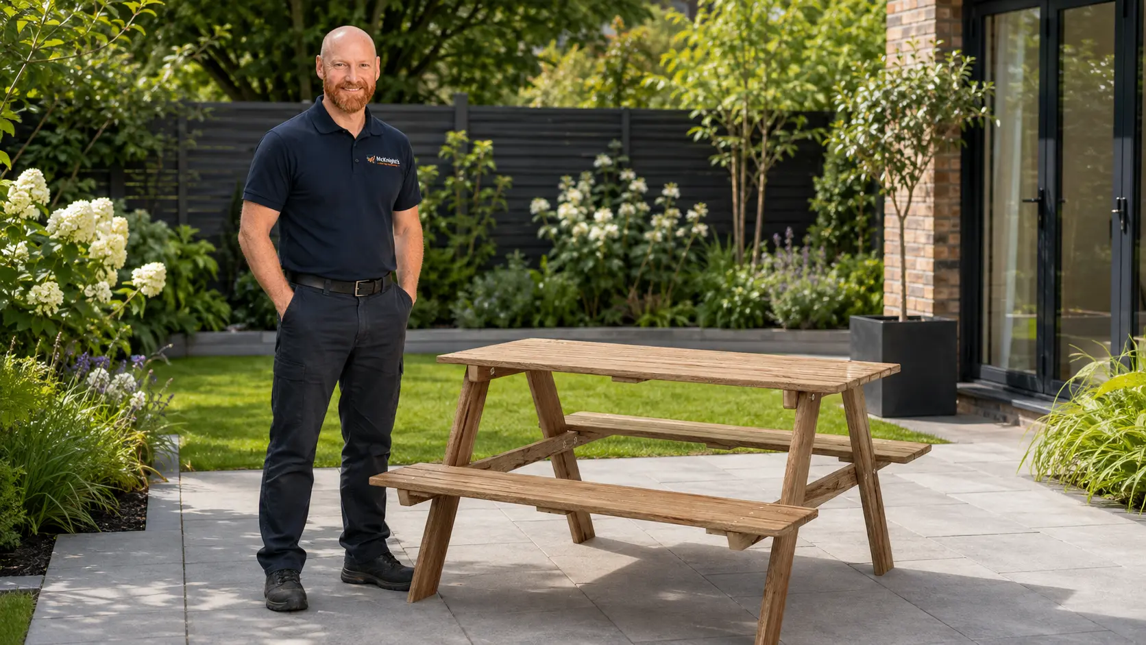 Mark McKnight beside an assembled wooden picnic table in a garden