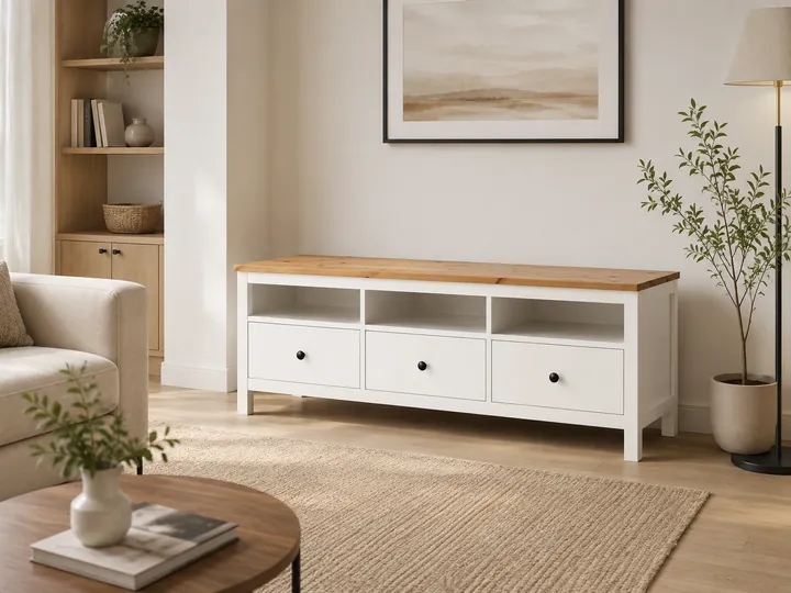 White and wood TV bench in a bright living room, representing furniture assembly in Ballyclare