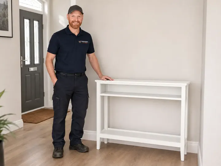 Mark beside an assembled white hallway console table in Ballyclare